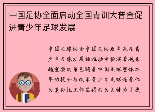 中国足协全面启动全国青训大普查促进青少年足球发展